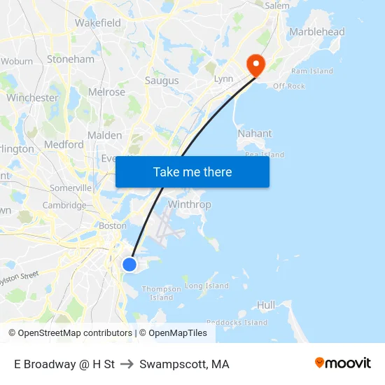 E Broadway @ H St to Swampscott, MA map