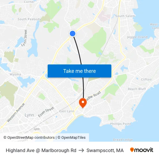 Highland Ave @ Marlborough Rd to Swampscott, MA map