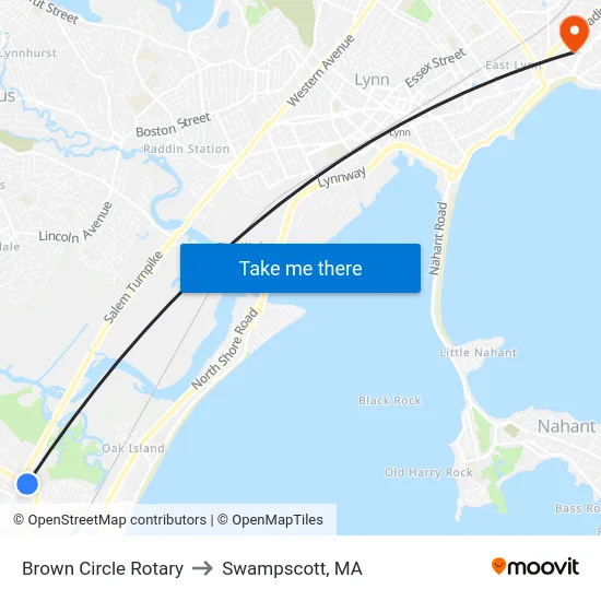 Brown Circle Rotary to Swampscott, MA map