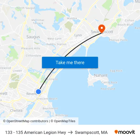 133 - 135 American Legion Hwy to Swampscott, MA map