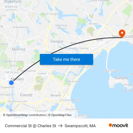 Commercial St @ Charles St to Swampscott, MA map