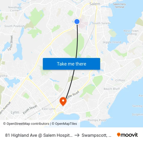 81 Highland Ave @ Salem Hospital to Swampscott, MA map