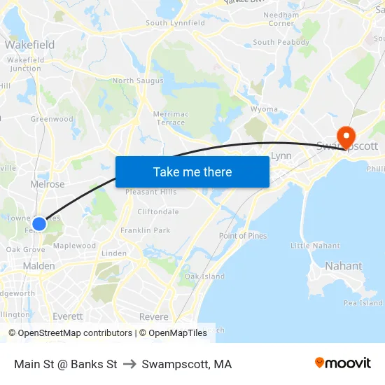 Main St @ Banks St to Swampscott, MA map