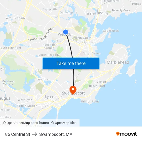 86 Central St to Swampscott, MA map
