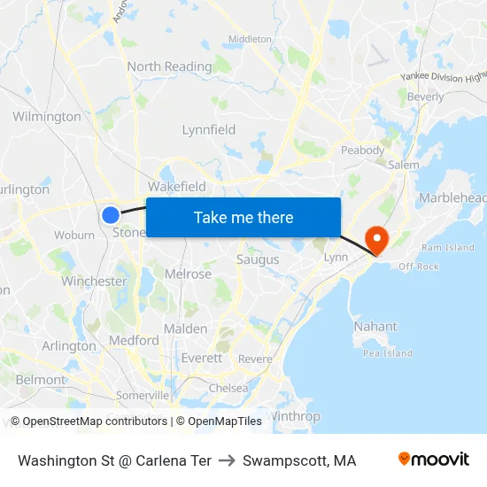 Washington St @ Carlena Ter to Swampscott, MA map
