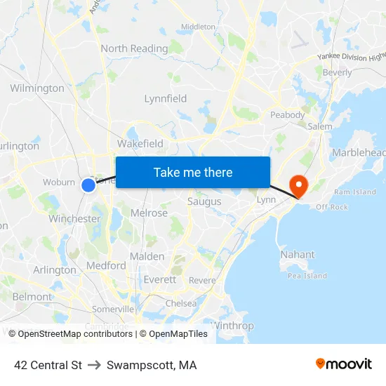 42 Central St to Swampscott, MA map