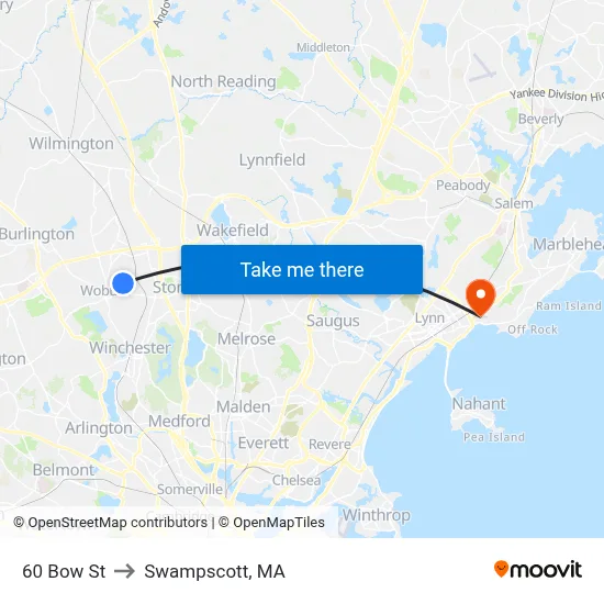 60 Bow St to Swampscott, MA map