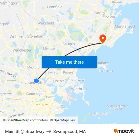 Main St @ Broadway to Swampscott, MA map
