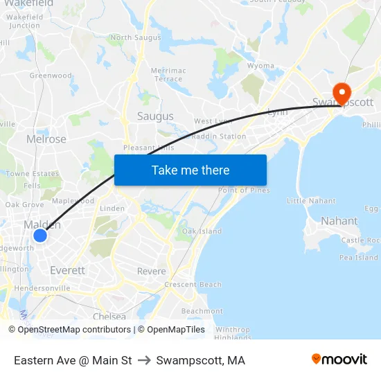 Eastern Ave @ Main St to Swampscott, MA map