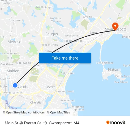 Main St @ Everett St to Swampscott, MA map