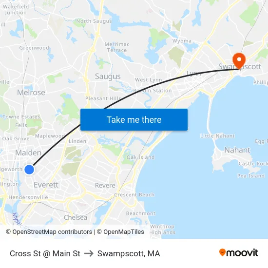 Cross St @ Main St to Swampscott, MA map