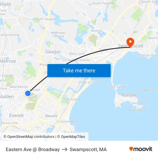 Eastern Ave @ Broadway to Swampscott, MA map
