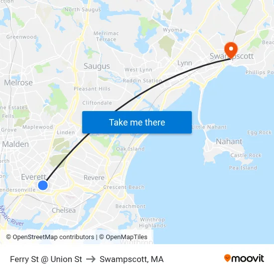 Ferry St @ Union St to Swampscott, MA map