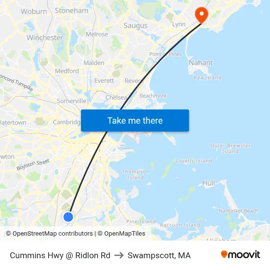 Cummins Hwy @ Ridlon Rd to Swampscott, MA map