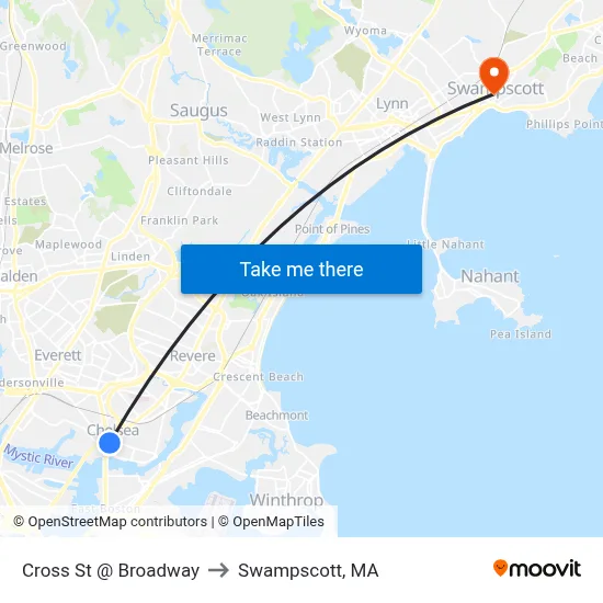 Cross St @ Broadway to Swampscott, MA map