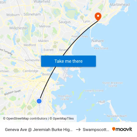 Geneva Ave @ Jeremiah Burke High School to Swampscott, MA map