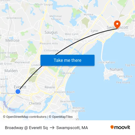 Broadway @ Everett Sq to Swampscott, MA map