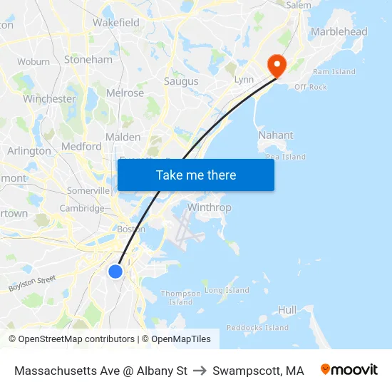 Massachusetts Ave @ Albany St to Swampscott, MA map