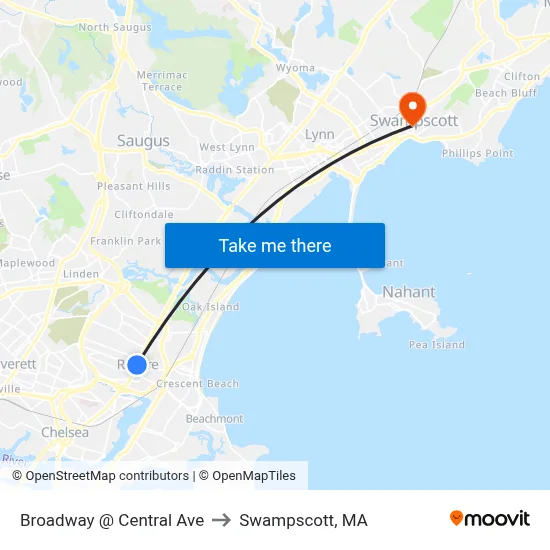 Broadway @ Central Ave to Swampscott, MA map