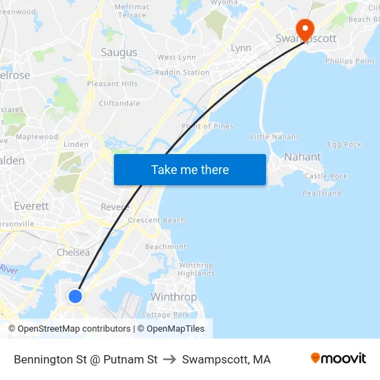 Bennington St @ Putnam St to Swampscott, MA map