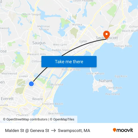 Malden St @ Geneva St to Swampscott, MA map