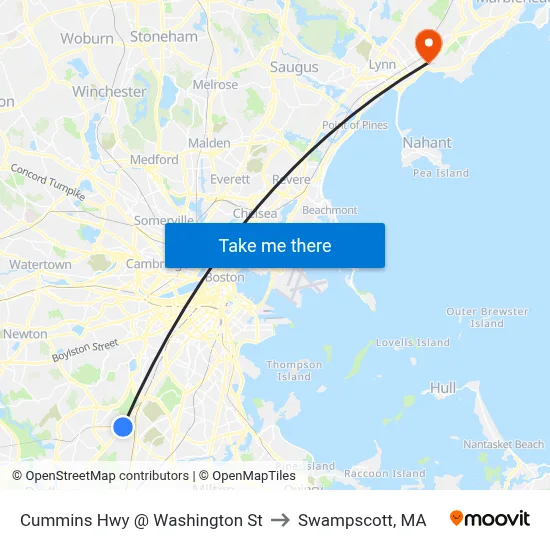 Cummins Hwy @ Washington St to Swampscott, MA map