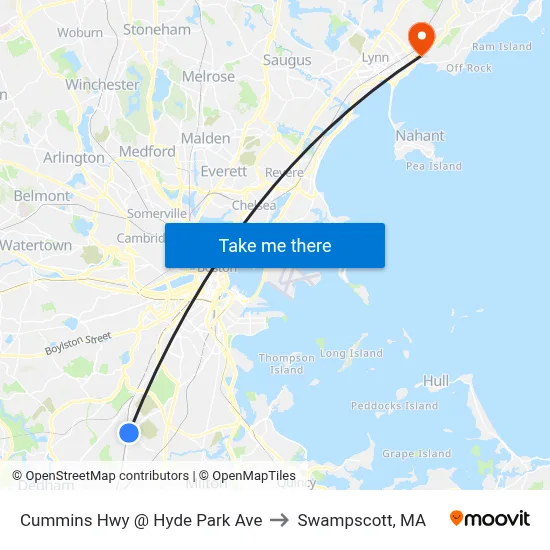 Cummins Hwy @ Hyde Park Ave to Swampscott, MA map