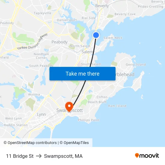 11 Bridge St to Swampscott, MA map