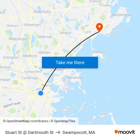 Stuart St @ Dartmouth St to Swampscott, MA map