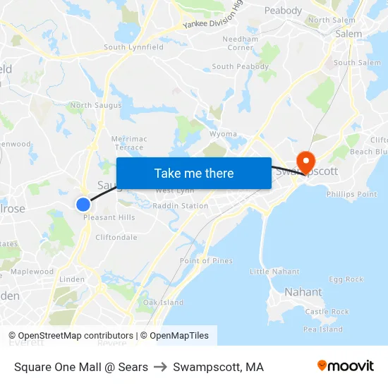 Square One Mall @ Sears to Swampscott, MA map