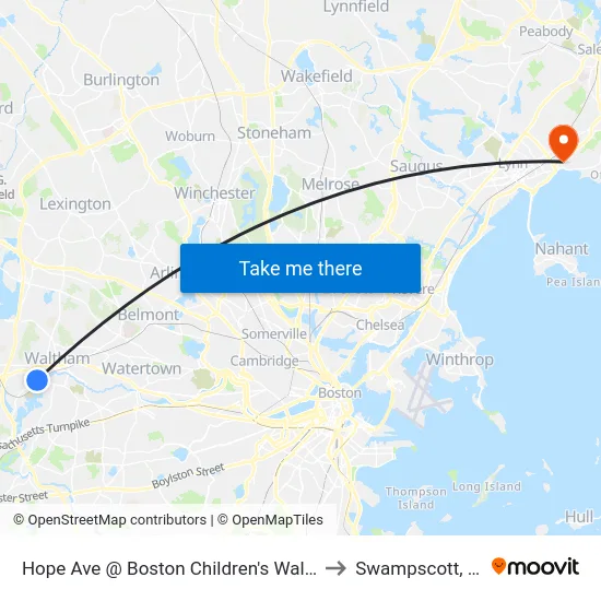 Hope Ave @ Boston Children's Waltham to Swampscott, MA map