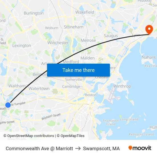 Commonwealth Ave @ Marriott to Swampscott, MA map
