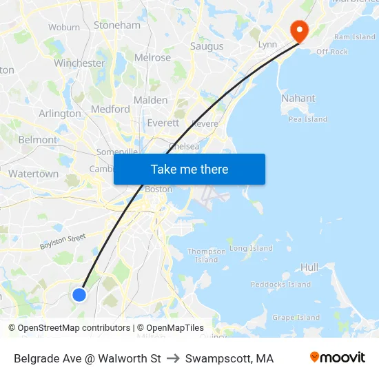 Belgrade Ave @ Walworth St to Swampscott, MA map