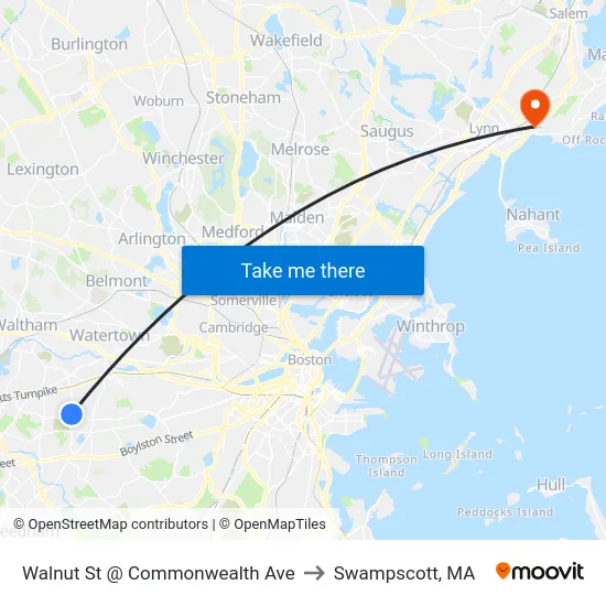 Walnut St @ Commonwealth Ave to Swampscott, MA map