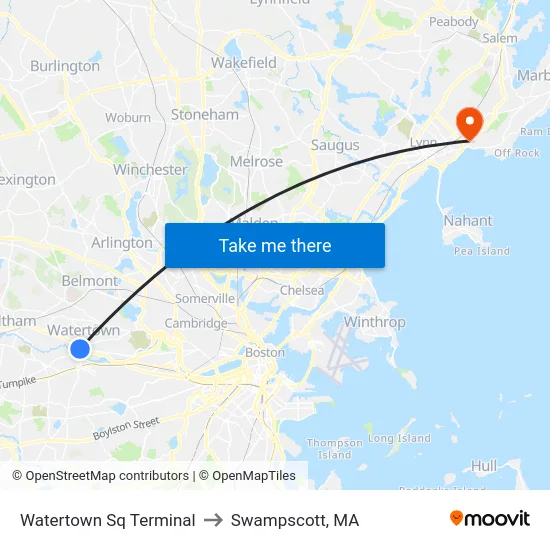Watertown Sq Terminal to Swampscott, MA map