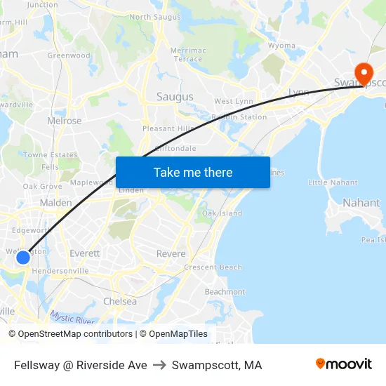 Fellsway @ Riverside Ave to Swampscott, MA map