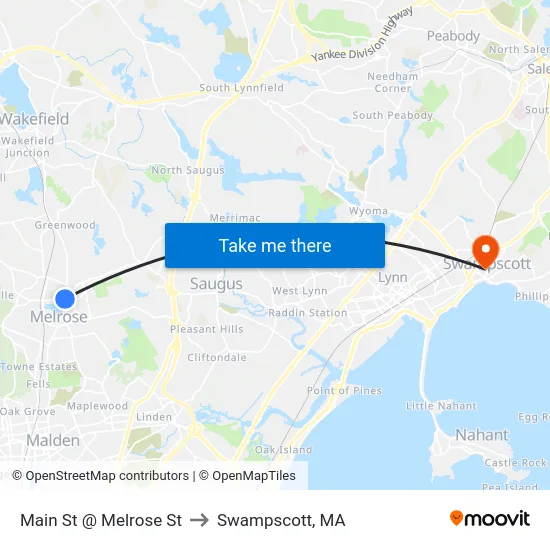 Main St @ Melrose St to Swampscott, MA map