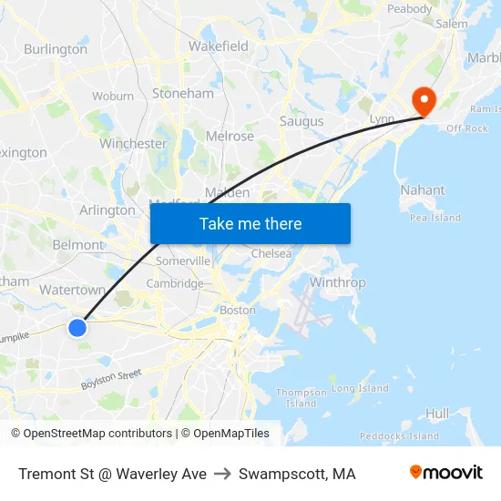 Tremont St @ Waverley Ave to Swampscott, MA map