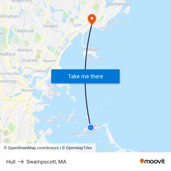 Hull to Swampscott, MA map