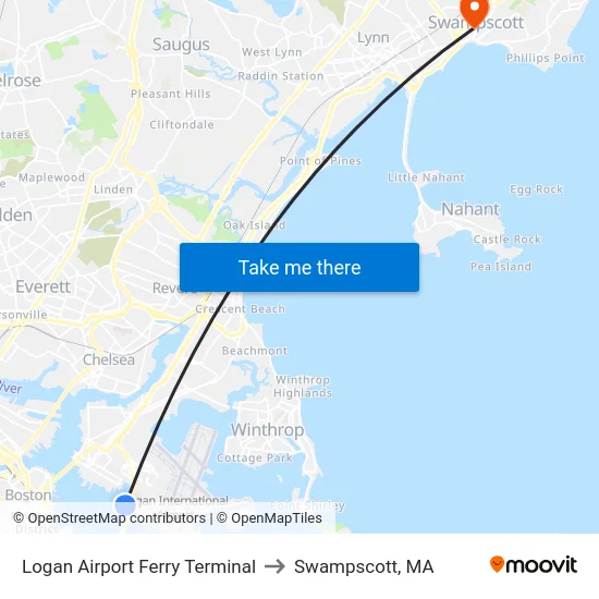 Logan Airport Ferry Terminal to Swampscott, MA map