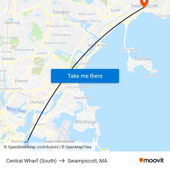 Central Wharf (South) to Swampscott, MA map