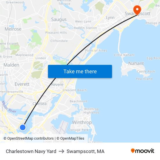 Charlestown Navy Yard to Swampscott, MA map