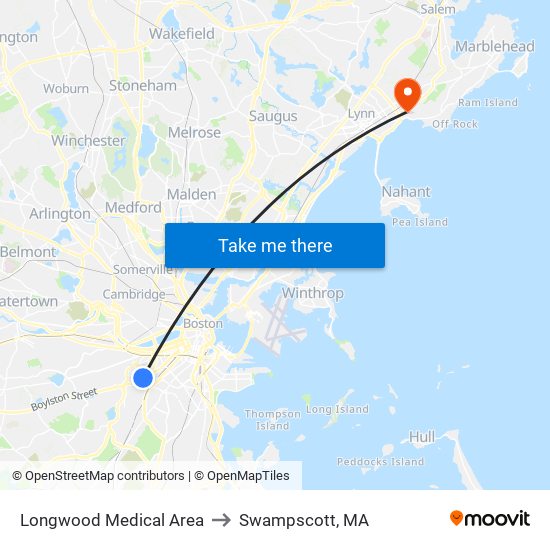 Longwood Medical Area to Swampscott, MA map