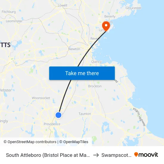 South Attleboro (Bristol Place at Market Basket) to Swampscott, MA map