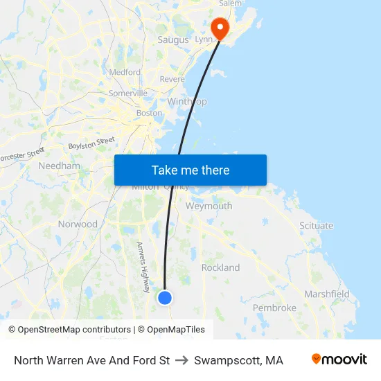 North Warren Ave And Ford St to Swampscott, MA map