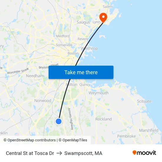 Central St at Tosca Dr to Swampscott, MA map
