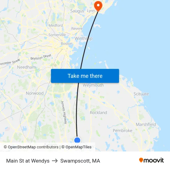 Main St at Wendys to Swampscott, MA map