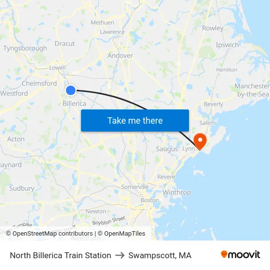 North Billerica Train Station to Swampscott, MA map