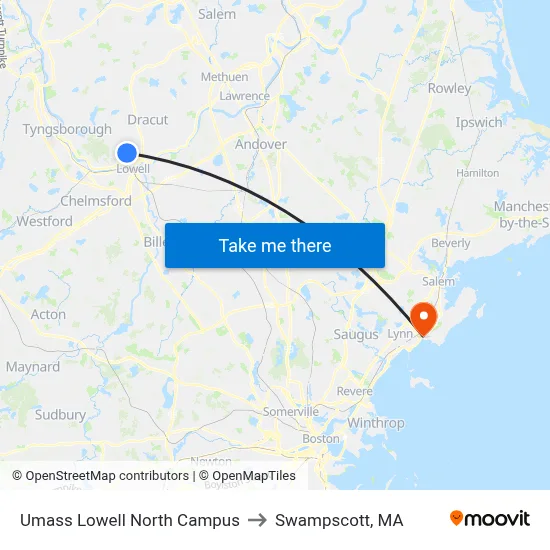Umass Lowell North Campus to Swampscott, MA map