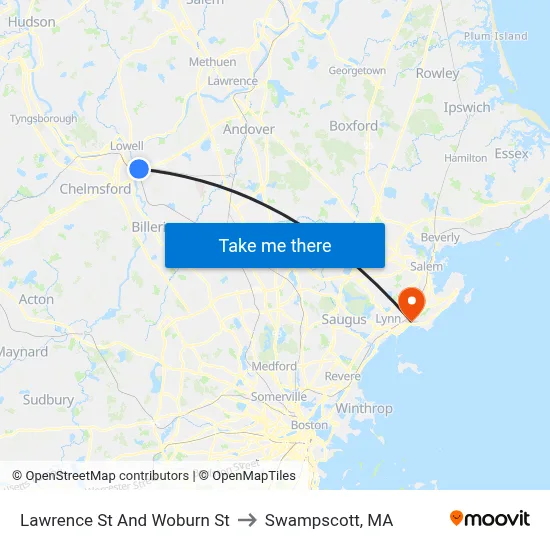 Lawrence St And Woburn St to Swampscott, MA map